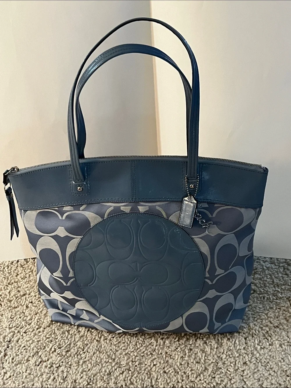 Coach Blue Signature Canvas Tote with Leather Trim